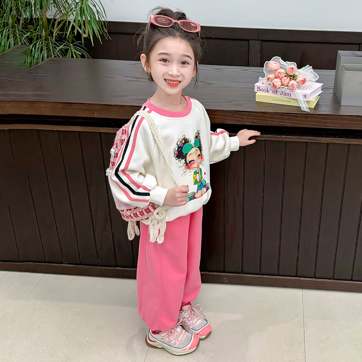 Girls White & Pink Printed Pure Cotton Top with Pyjamas