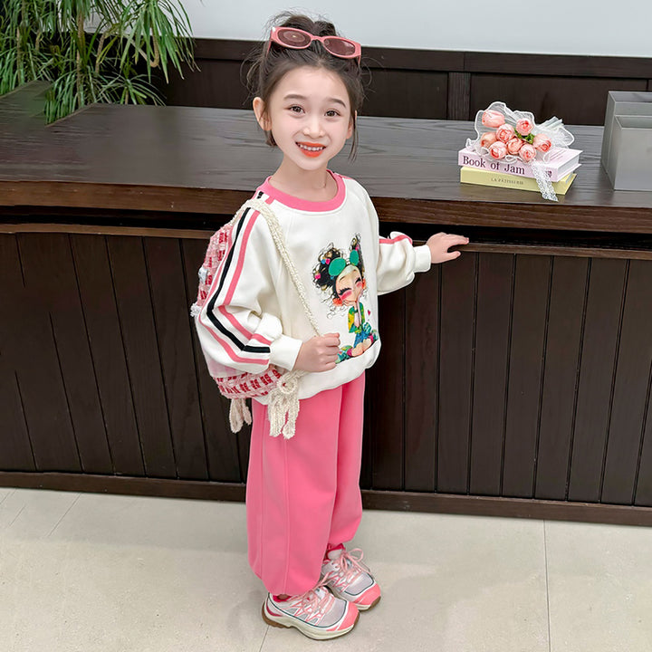 Girls White & Pink Printed Pure Cotton Top with Pyjamas