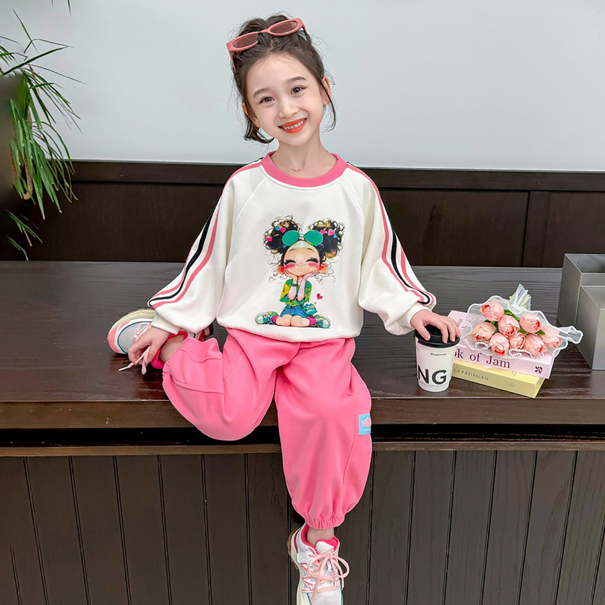 Girls White & Pink Printed Pure Cotton Top with Pyjamas