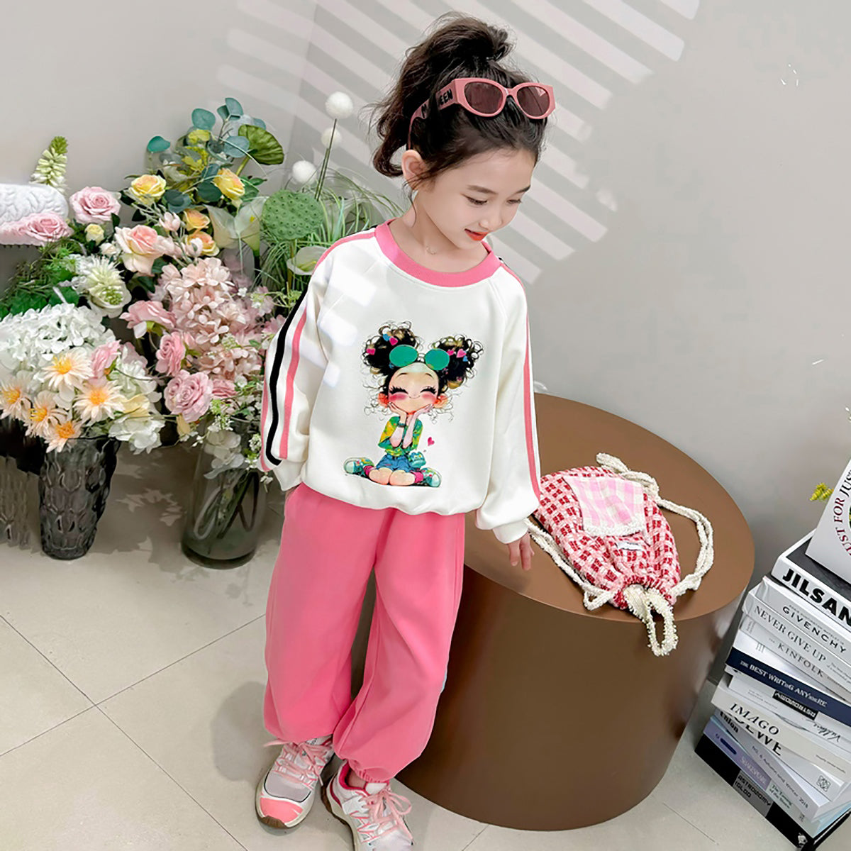 Girls White & Pink Printed Pure Cotton Top with Pyjamas