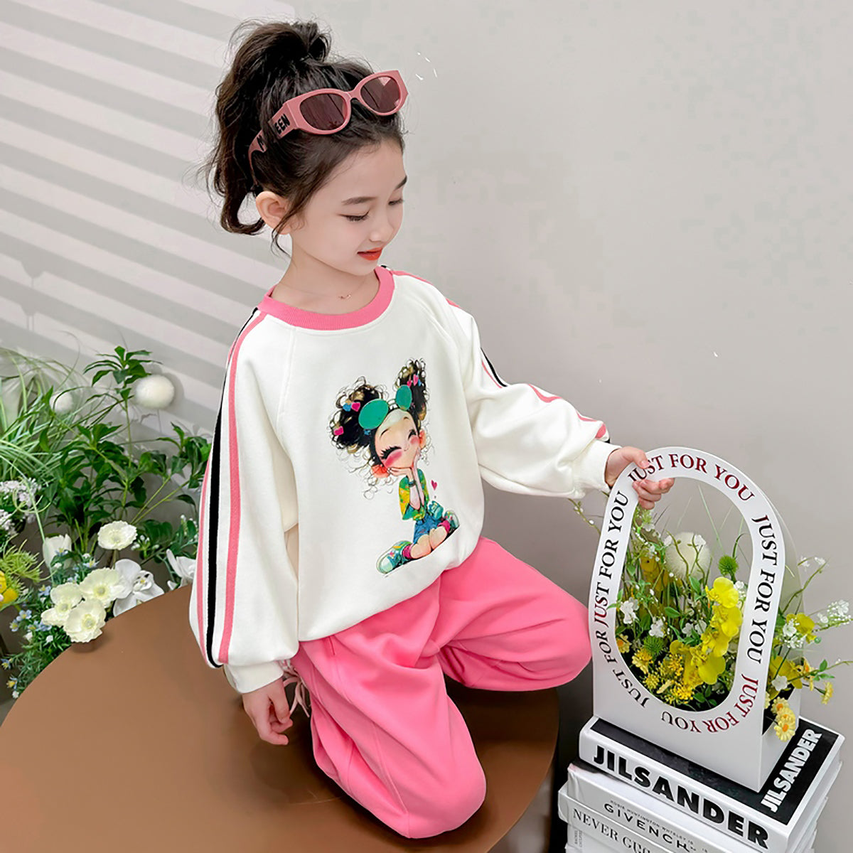 Girls White & Pink Printed Pure Cotton Top with Pyjamas