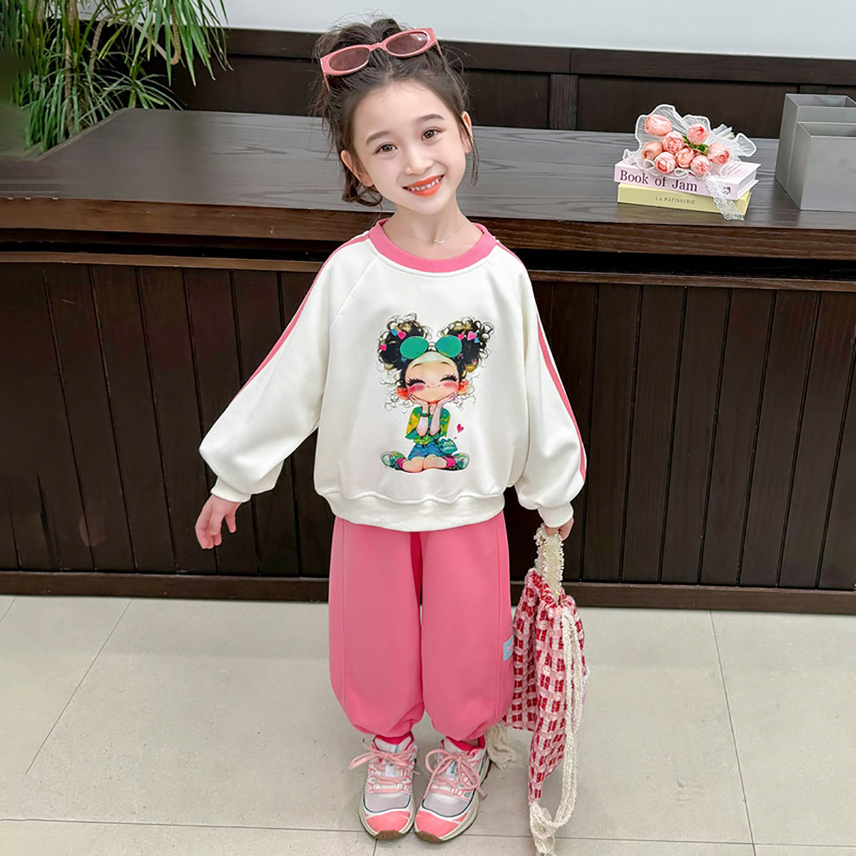 Girls White & Pink Printed Pure Cotton Top with Pyjamas