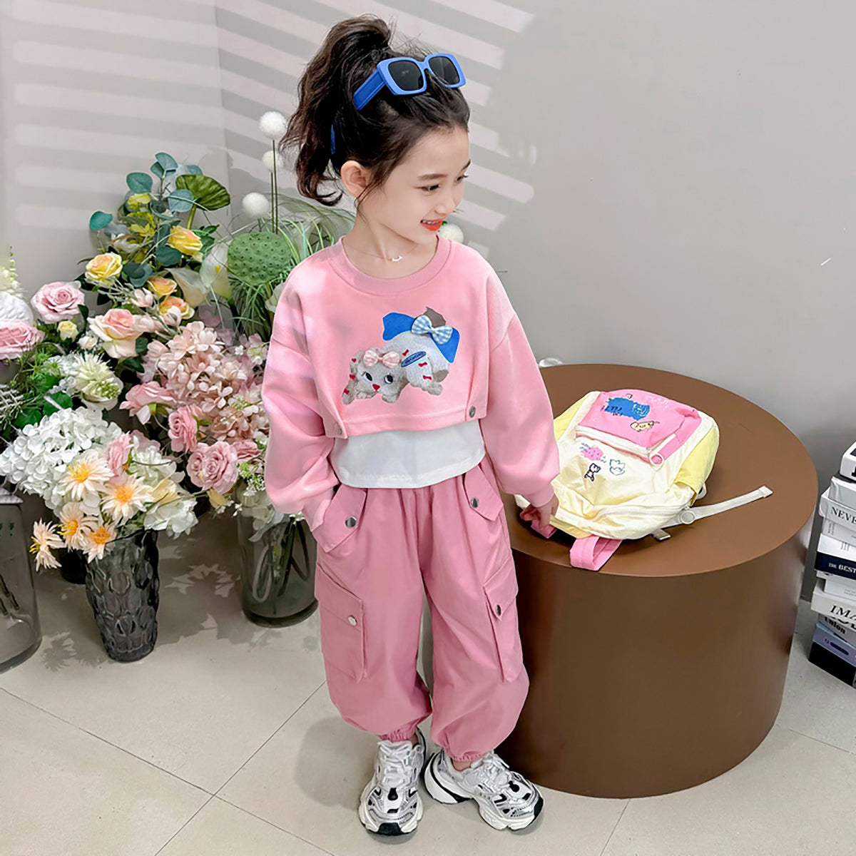 Girls Printed Round Neck Pure Cotton Sweatshirt with Joggers