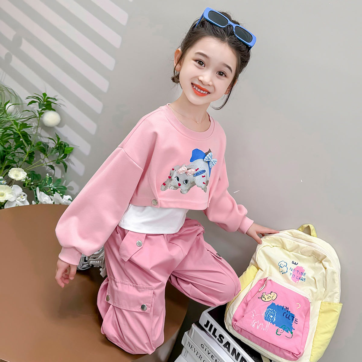 Girls Printed Round Neck Pure Cotton Sweatshirt with Joggers
