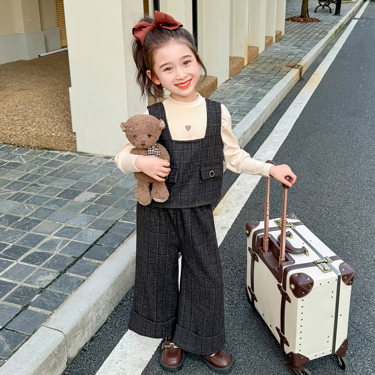 Girls Checked Pure Cotton Vest with Trousers & Top
