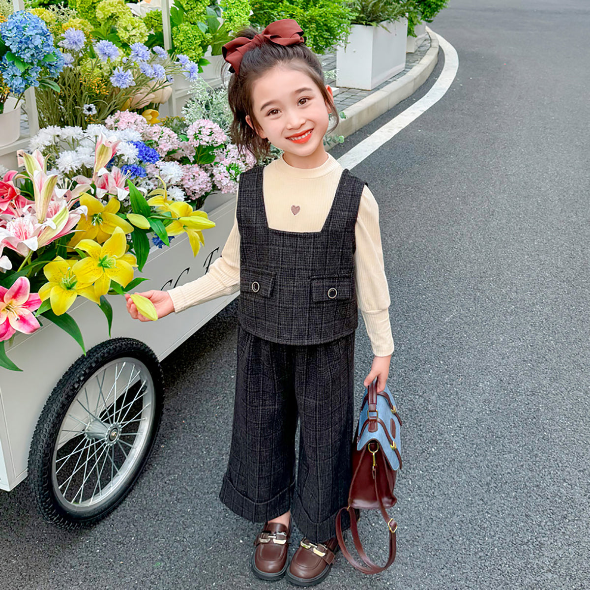 Girls Checked Pure Cotton Vest with Trousers & Top
