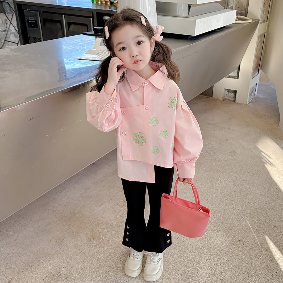 Girls Pink & Green Printed Pure Cotton Top with Palazzos