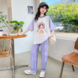 Girls Round Neck Printed Top With Pyjamas