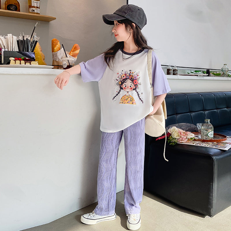 Girls Round Neck Printed Top With Pyjamas