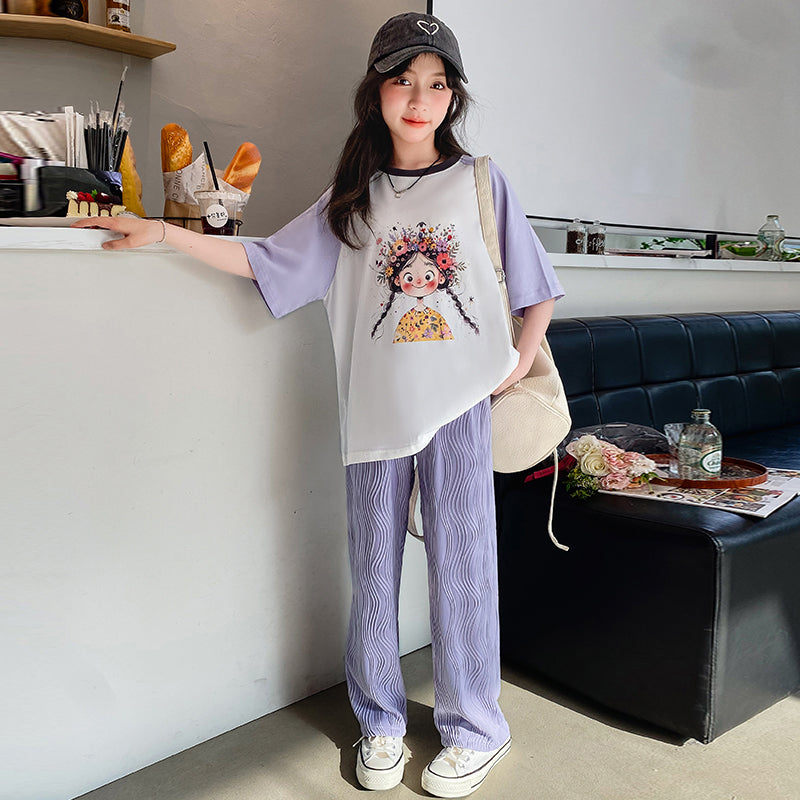 Girls Round Neck Printed Top With Pyjamas