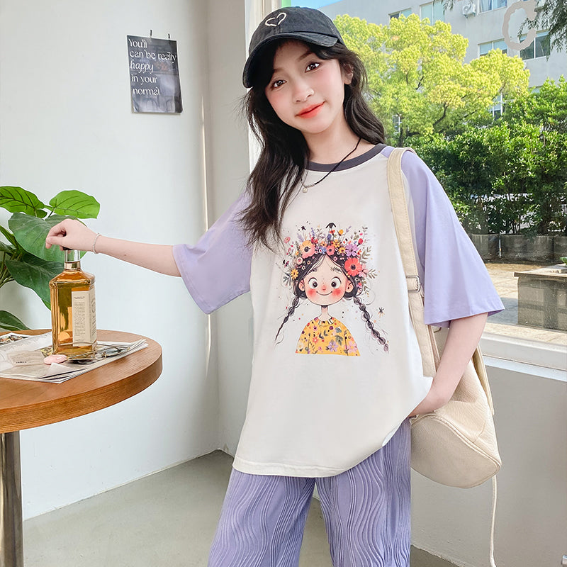 Girls Round Neck Printed Top With Pyjamas
