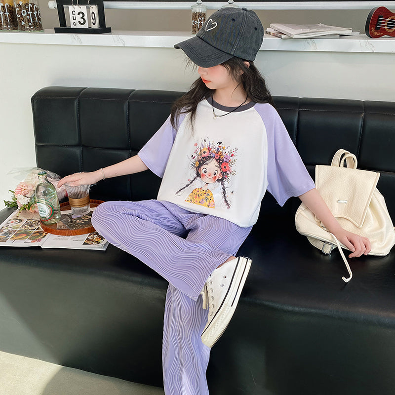 Girls Round Neck Printed Top With Pyjamas
