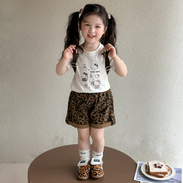 Girls Round Neck Short Sleeves Printed Top With Shorts