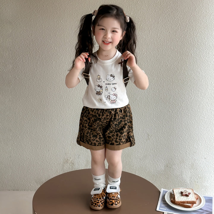 Girls Round Neck Short Sleeves Printed Top With Shorts