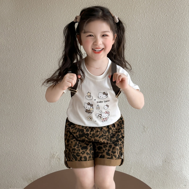 Girls Round Neck Short Sleeves Printed Top With Shorts