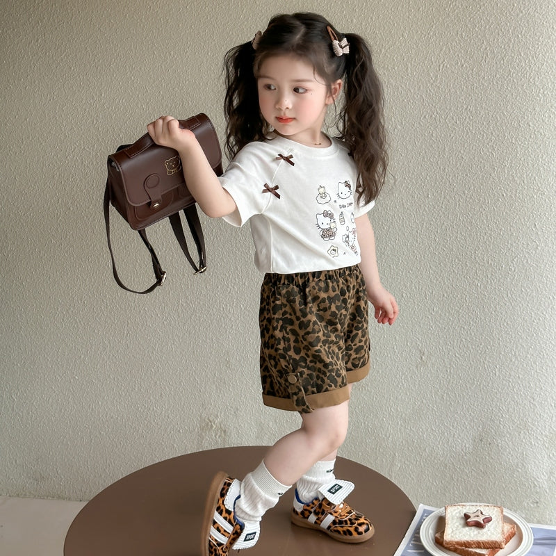 Girls Round Neck Short Sleeves Printed Top With Shorts