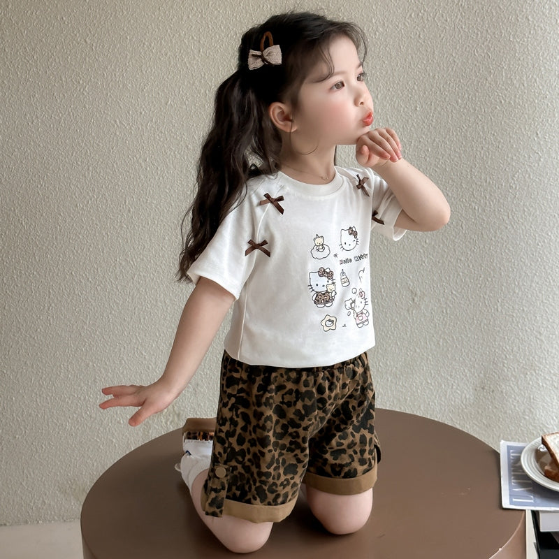Girls Round Neck Short Sleeves Printed Top With Shorts