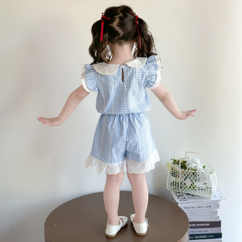 Girls Checked Round Neck Top With Shorts