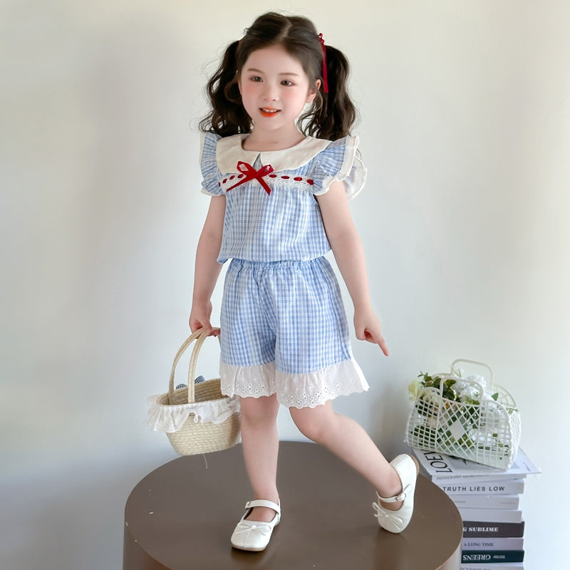 Girls Checked Round Neck Top With Shorts