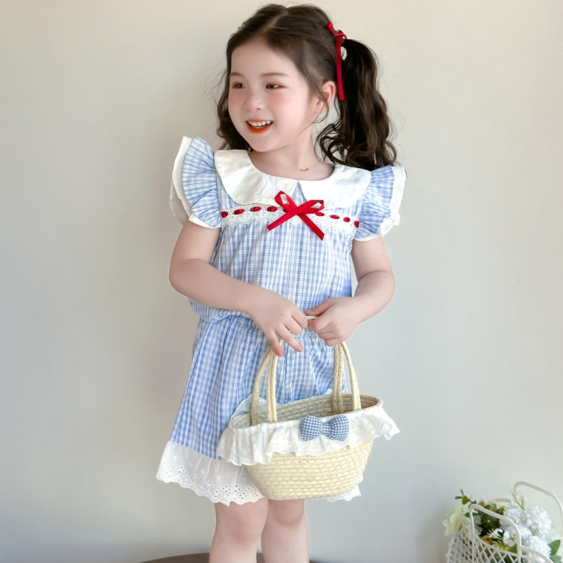 Girls Checked Round Neck Top With Shorts