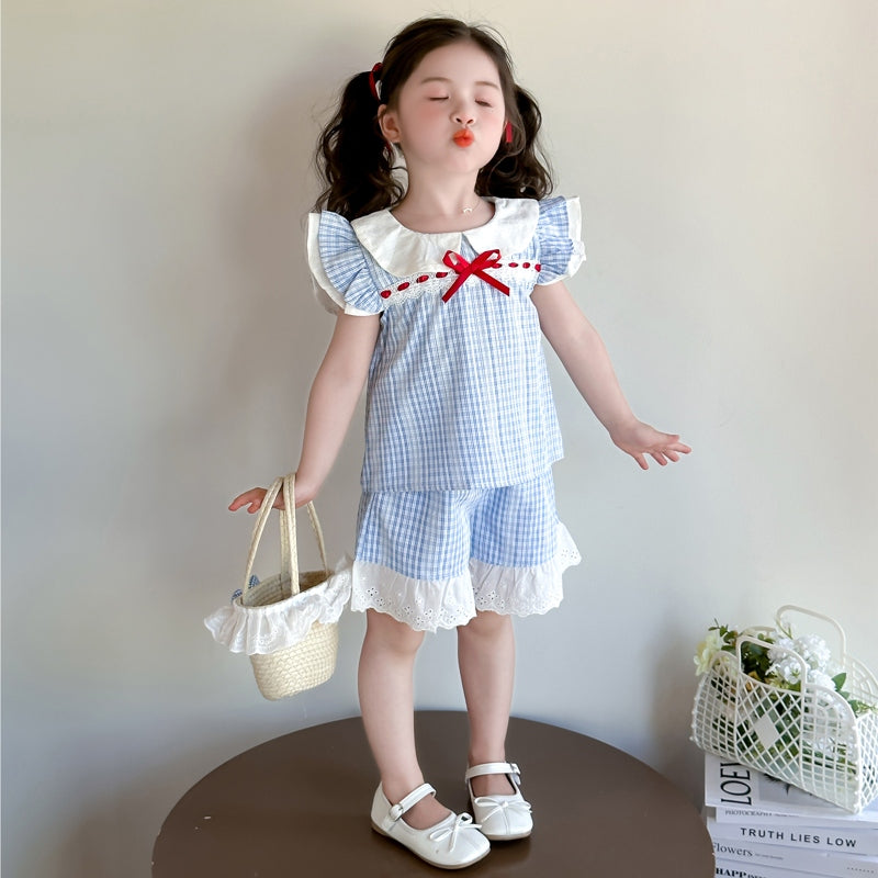 Girls Checked Round Neck Top With Shorts