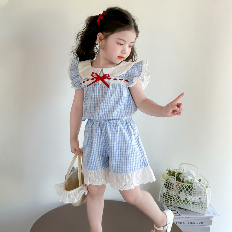 Girls Checked Round Neck Top With Shorts