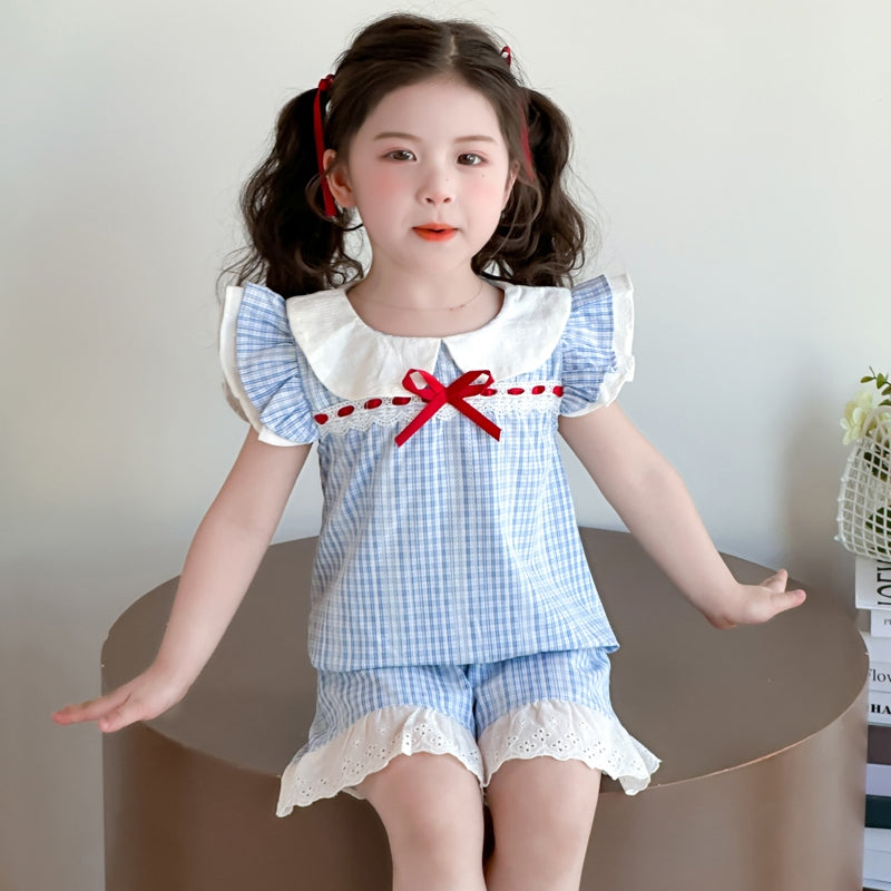 Girls Checked Round Neck Top With Shorts