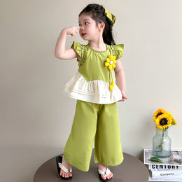 Girls Round Neck Colourblocked Top with Palazzos