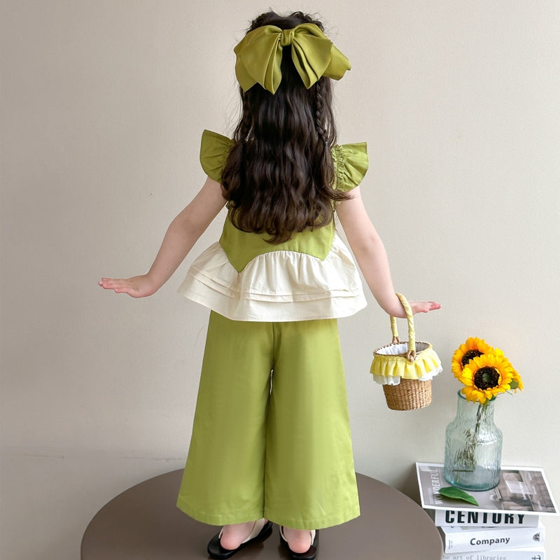 Girls Round Neck Colourblocked Top with Palazzos