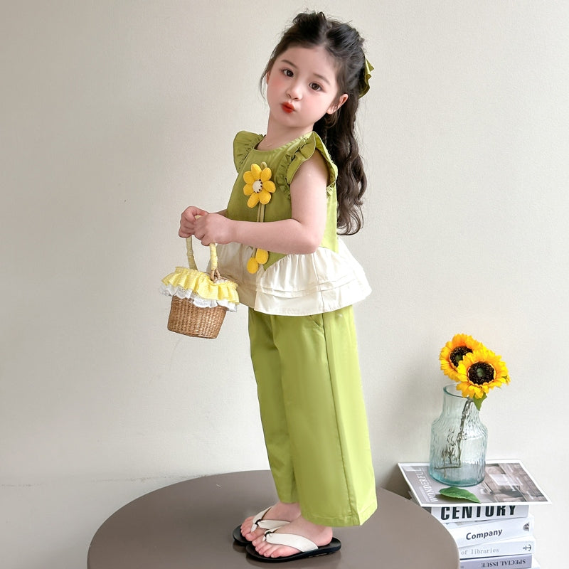 Girls Round Neck Colourblocked Top with Palazzos
