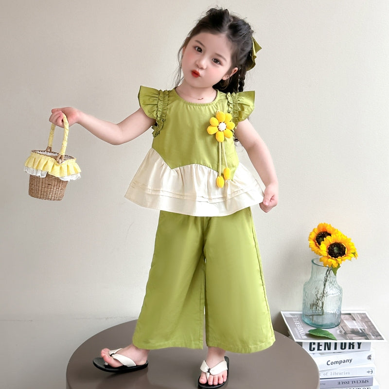 Girls Round Neck Colourblocked Top with Palazzos