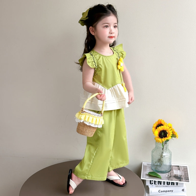 Girls Round Neck Colourblocked Top with Palazzos