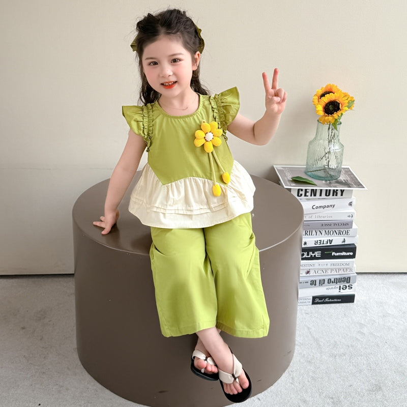 Girls Round Neck Colourblocked Top with Palazzos