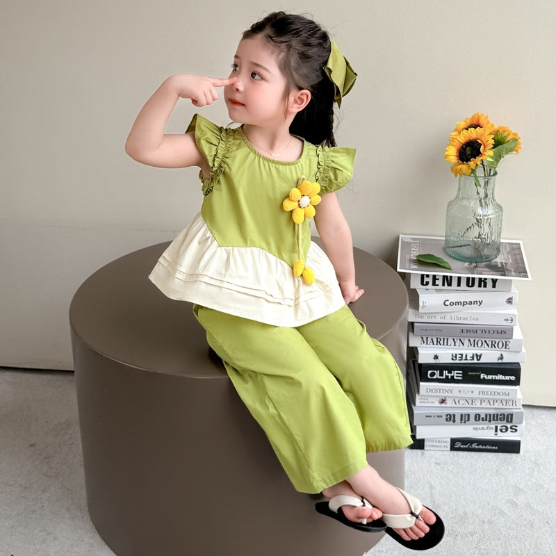 Girls Round Neck Colourblocked Top with Palazzos