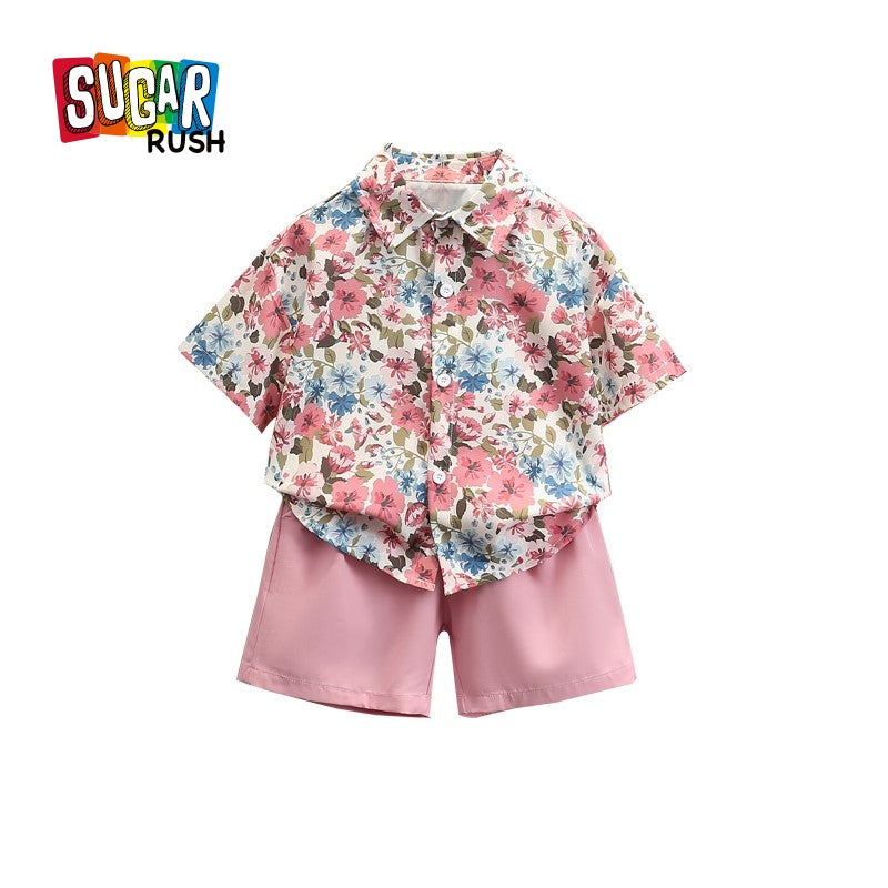 Boys Printed Short Sleeves Shirt Collar Shirt with Shorts