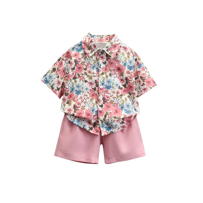 Boys Printed Short Sleeves Shirt Collar Shirt with Shorts