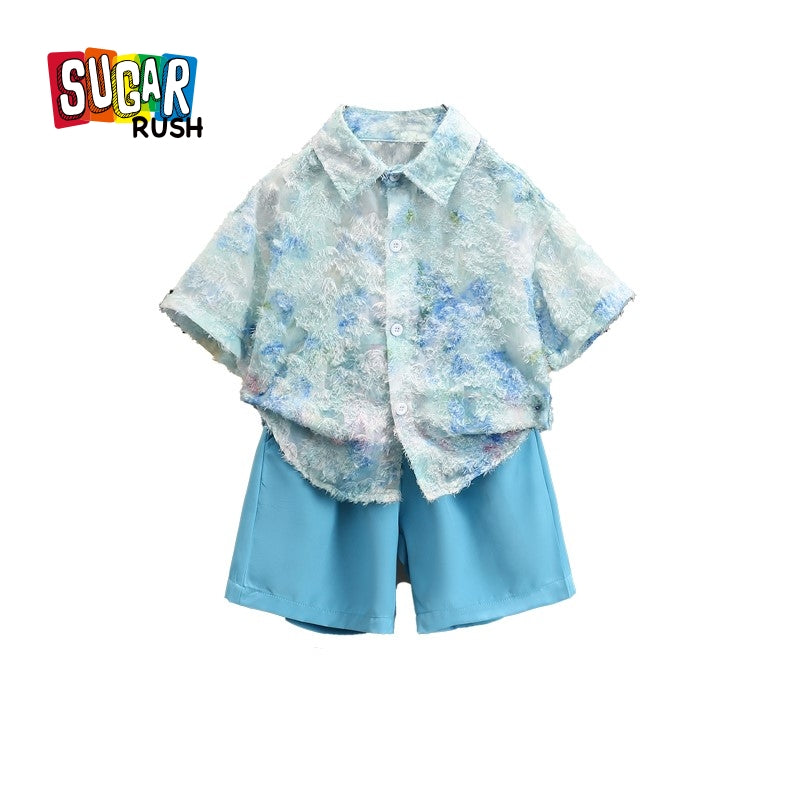 Boys Blue & White Printed Shirt with Shorts
