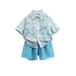 Boys Blue & White Printed Shirt with Shorts