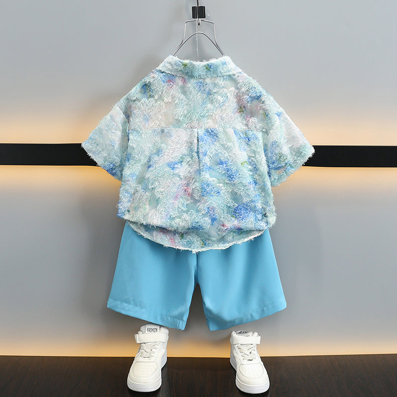 Boys Blue & White Printed Shirt with Shorts