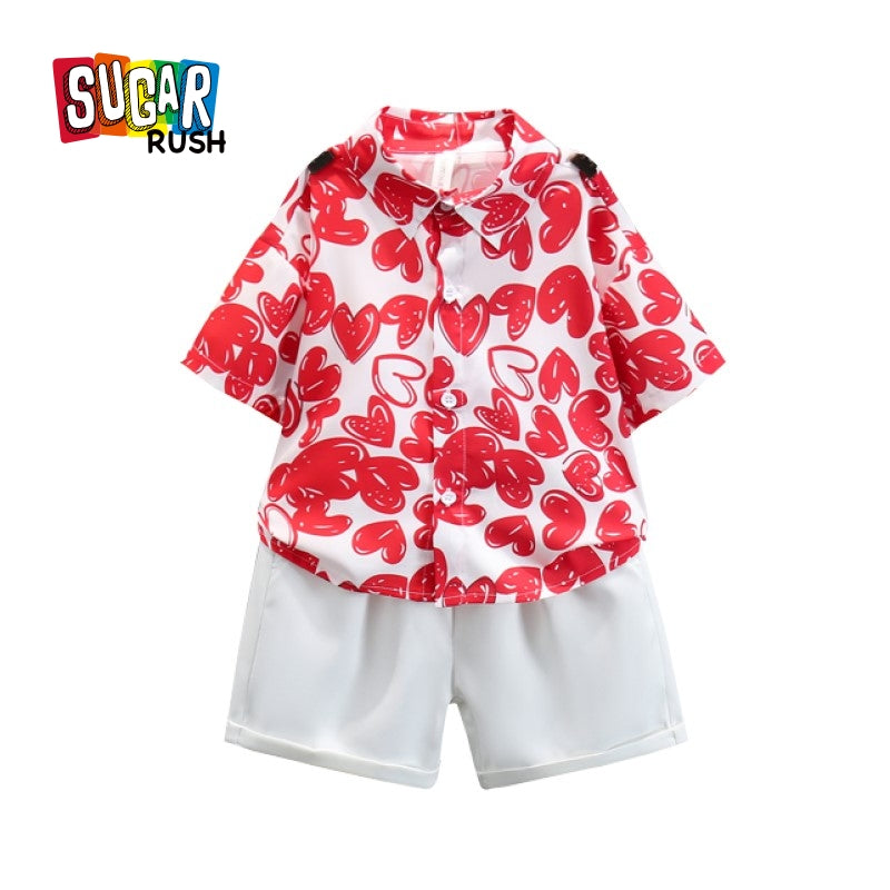 Boys Red & White Printed Pure Cotton Shirt With Shorts