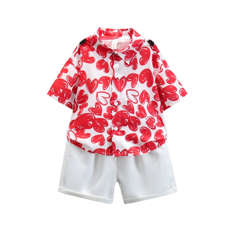 Boys Red & White Printed Pure Cotton Shirt With Shorts