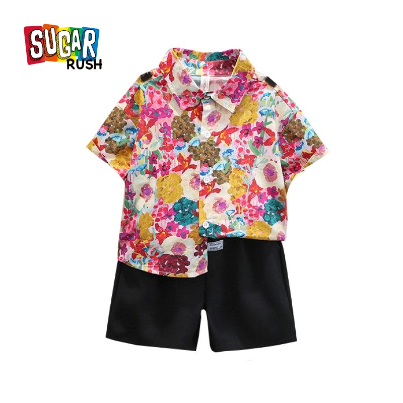 Boys Printed Shirt Collar Pure Cotton Shirt with Shorts