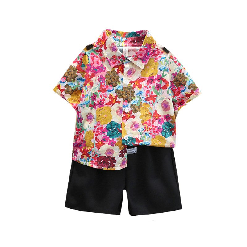 Boys Printed Shirt Collar Pure Cotton Shirt with Shorts