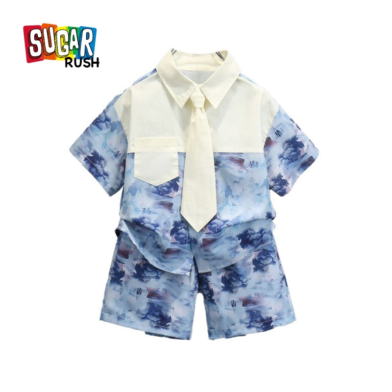 Boys Off White & Blue Printed Pure Cotton Shirt with Shorts