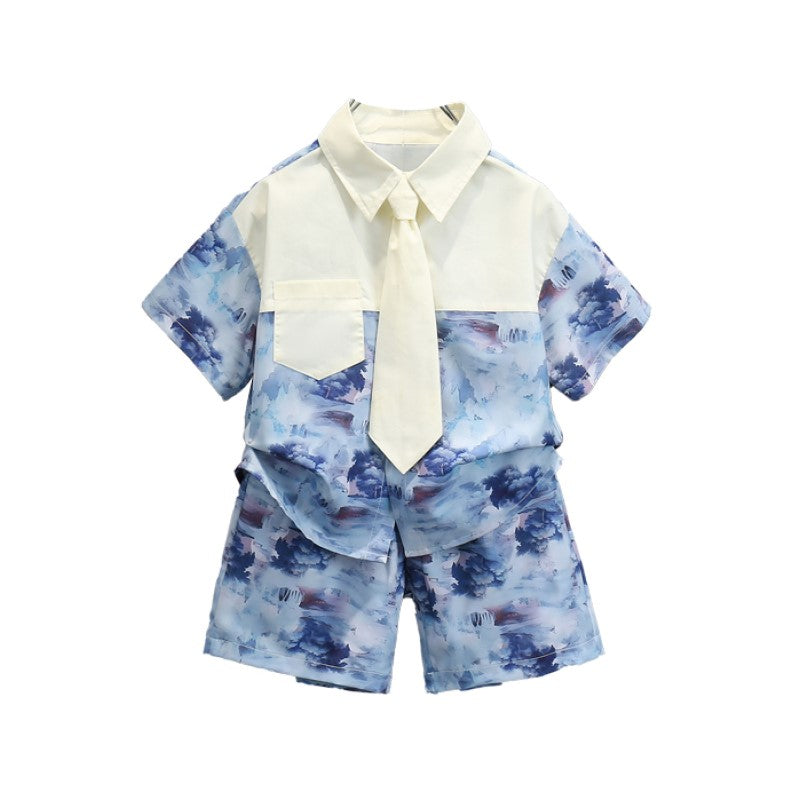 Boys Off White & Blue Printed Pure Cotton Shirt with Shorts