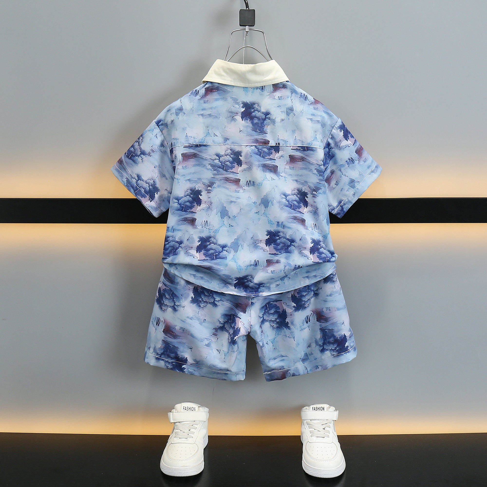 Boys Off White & Blue Printed Pure Cotton Shirt with Shorts