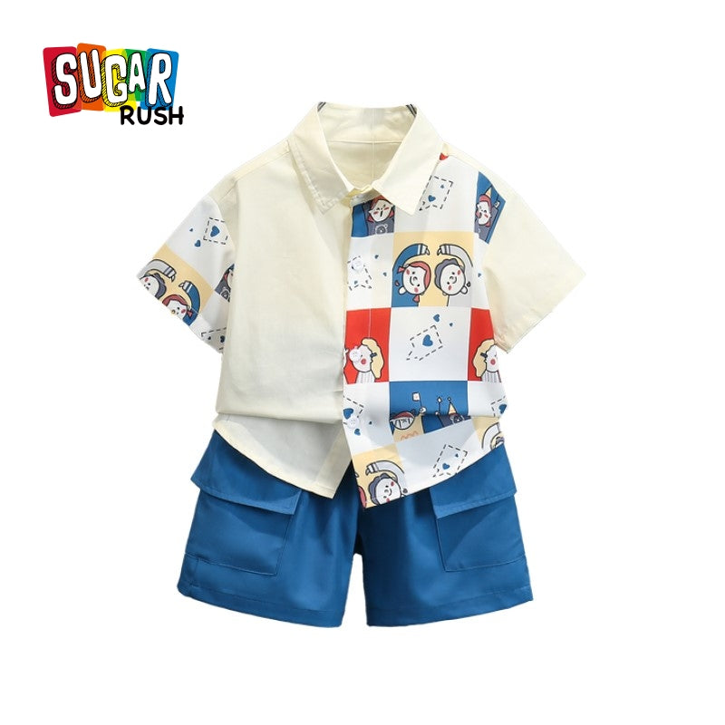Boys White & Blue Printed Pure Cotton Shirt with Shorts