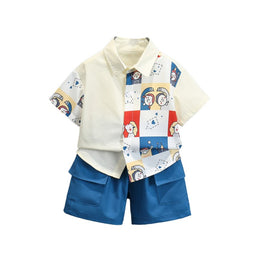 Boys White & Blue Printed Pure Cotton Shirt with Shorts