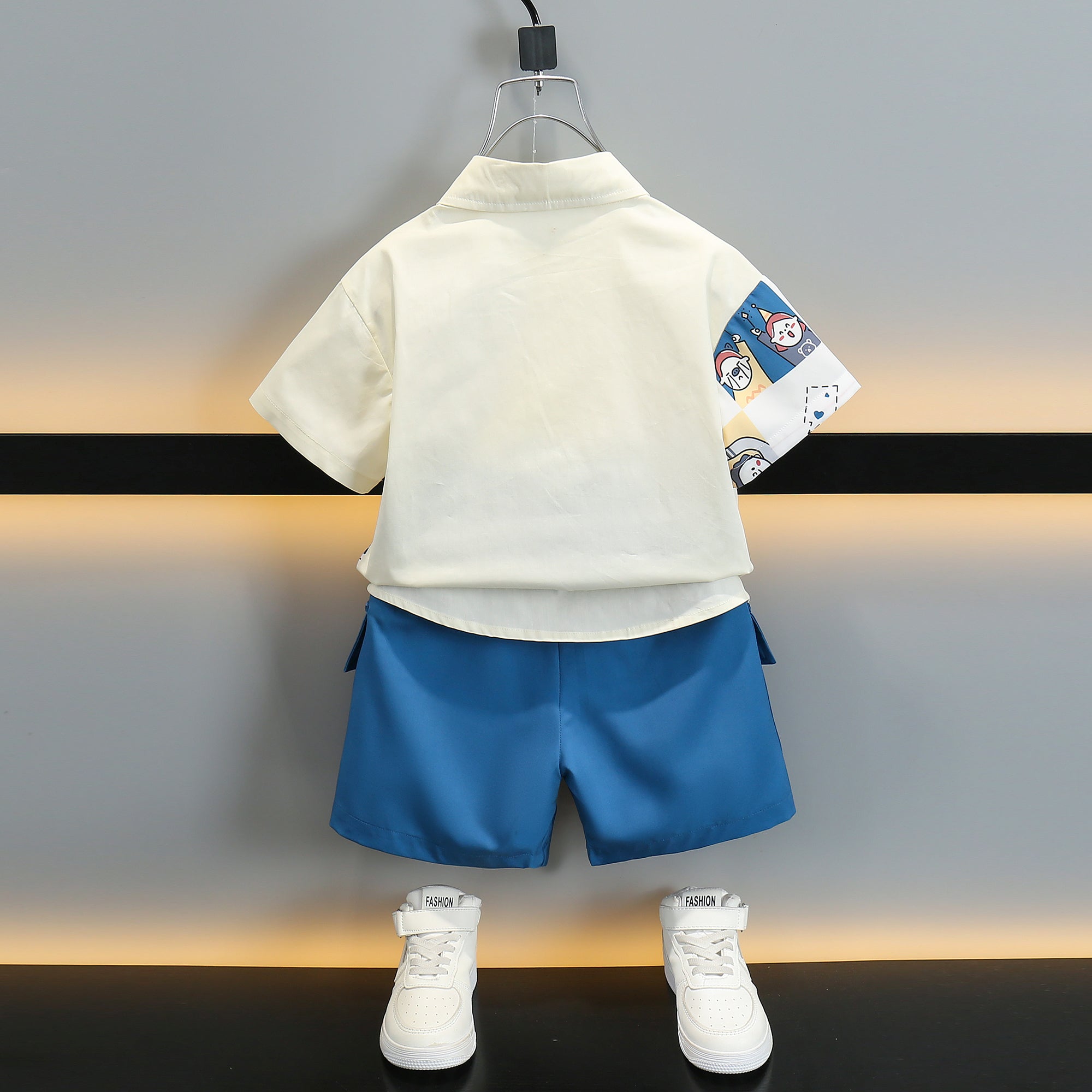 Boys White & Blue Printed Pure Cotton Shirt with Shorts