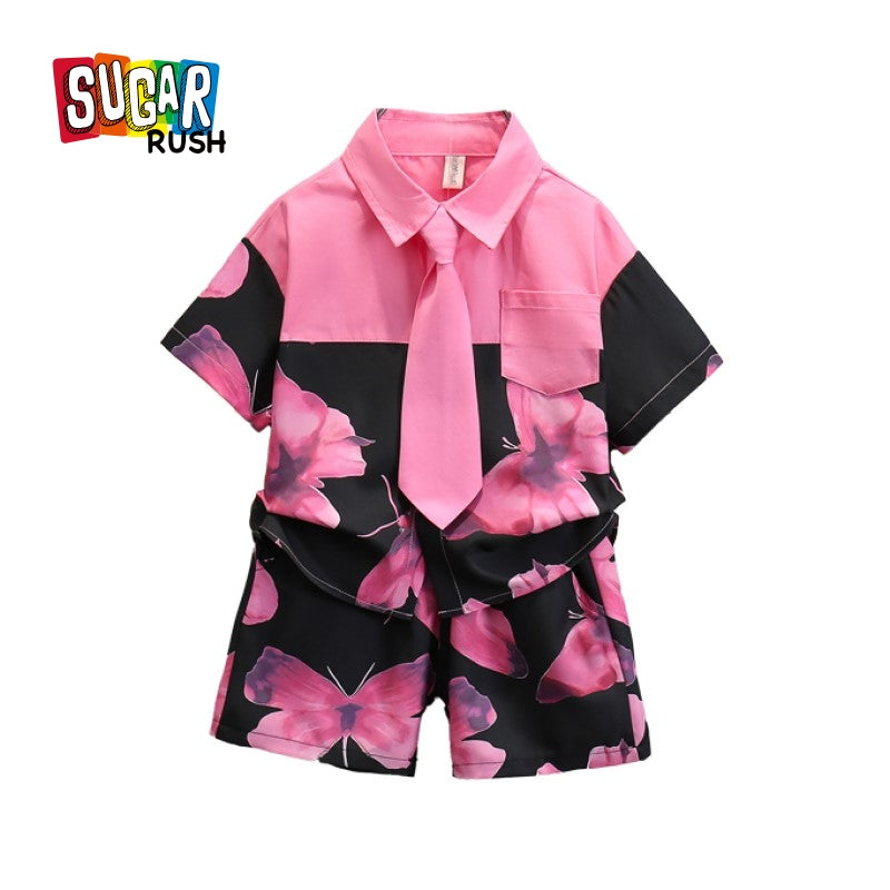 Boys Pink & Black Floral Printed Pure Cotton Shirt With Shorts